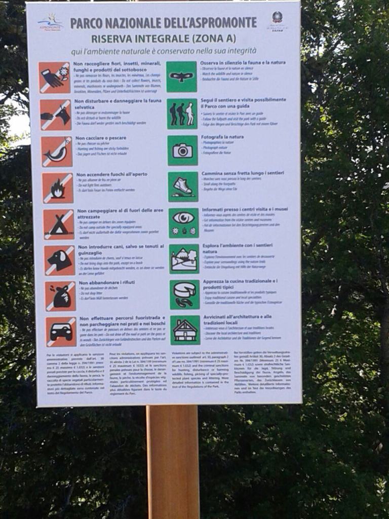 Tabellazione della zona A di Riserva Integrale del Parco Nazionale dell'Aspromonte