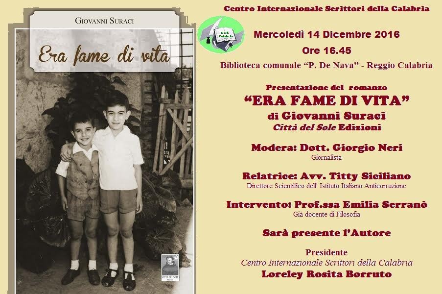 Il CIS presenta il romanzo “Era fame di vita” di Giovanni Suraci