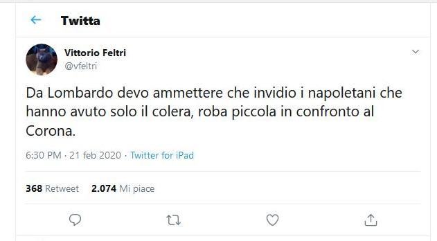 Coronavirus, Feltri: ‘Invidio i napoletani che hanno avuto solo il colera’