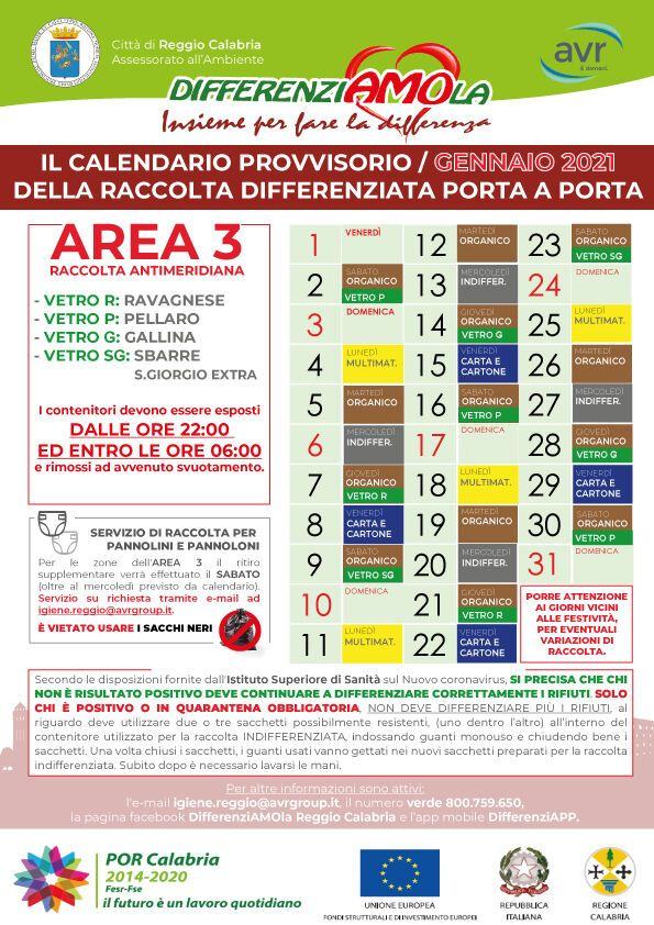 CALENDARIO AREA 3 GENNAIO 2021