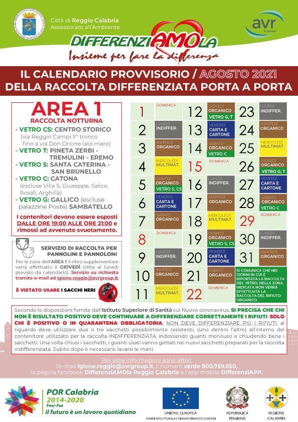 CALENDARIO AREA 1 AGOSTO 2021