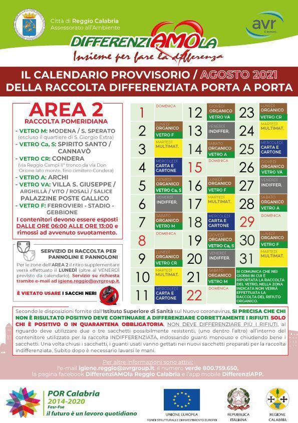 CALENDARIO AREA 2 AGOSTO 2021