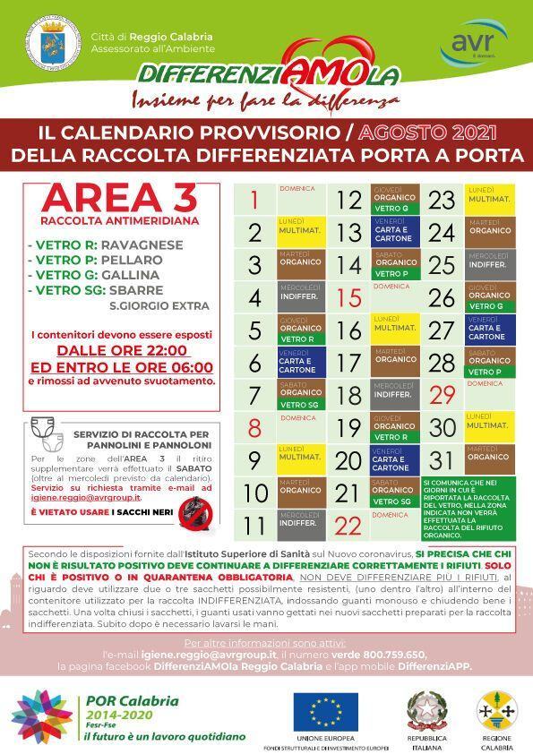 CALENDARIO AREA 3 AGOSTO 2021