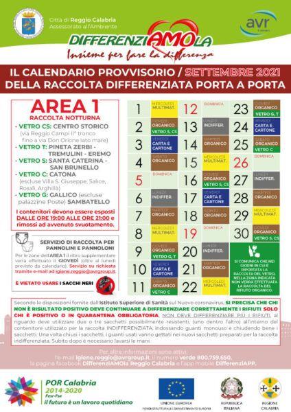 CALENDARIO AREA 1 SETTEMEBRE 2021