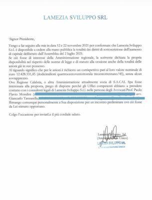 Lettera Lamezia Sviluppo Sacal