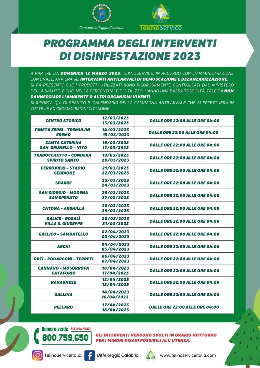 Calendario DISINFESTAZIONE