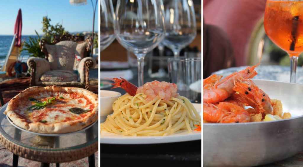 Pizza margherita, spaghetti con gamberi e frittura di gamberi serviti al Tuluum Beach Club, vista mare