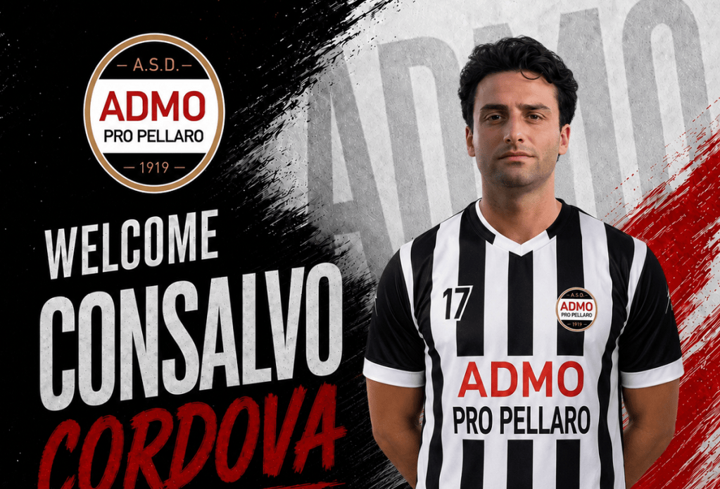 Grafica di benvenuto a Consalvo Cordova, nuovo difensore della Pro Pellaro, in maglia bianconera numero 17