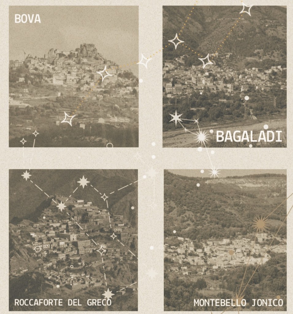 Quattro vedute dei borghi di Bova, Bagaladi, Roccaforte del Greco e Montebello Jonico, tra costellazioni stilizzate