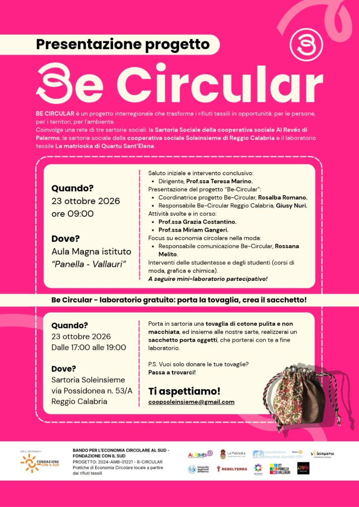 Locandina rosa della presentazione del progetto Be Circular il 23 ottobre 2026, con il programma dell'incontro e del laboratorio in sartoria
