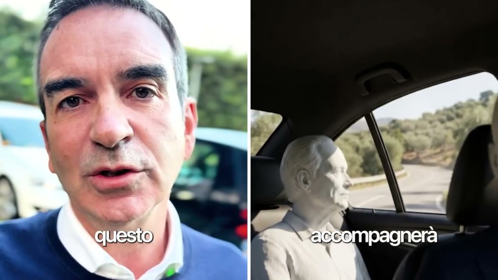 Roberto Occhiuto parla alla camera accanto a una ricostruzione grafica di una figura seduta sul sedile posteriore di un'auto