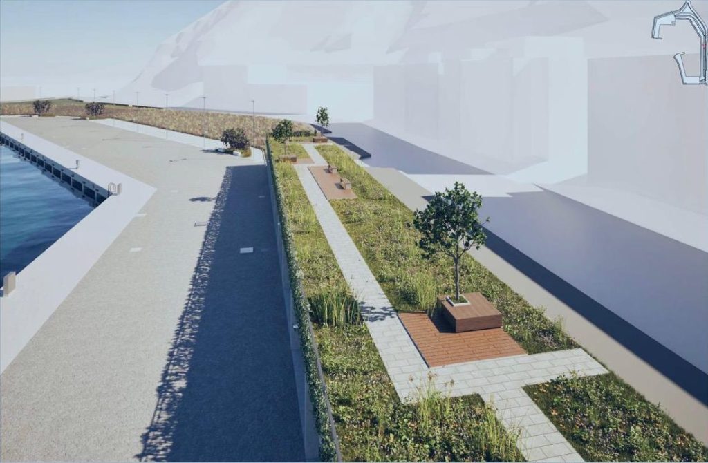 Rendering di un percorso pedonale con alberi e prato accanto a una banchina affacciata sul mare