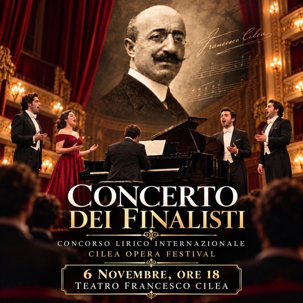 Locandina del Concerto dei Finalisti con quattro cantanti lirici e un pianista in teatro, sullo sfondo un ritratto d'epoca