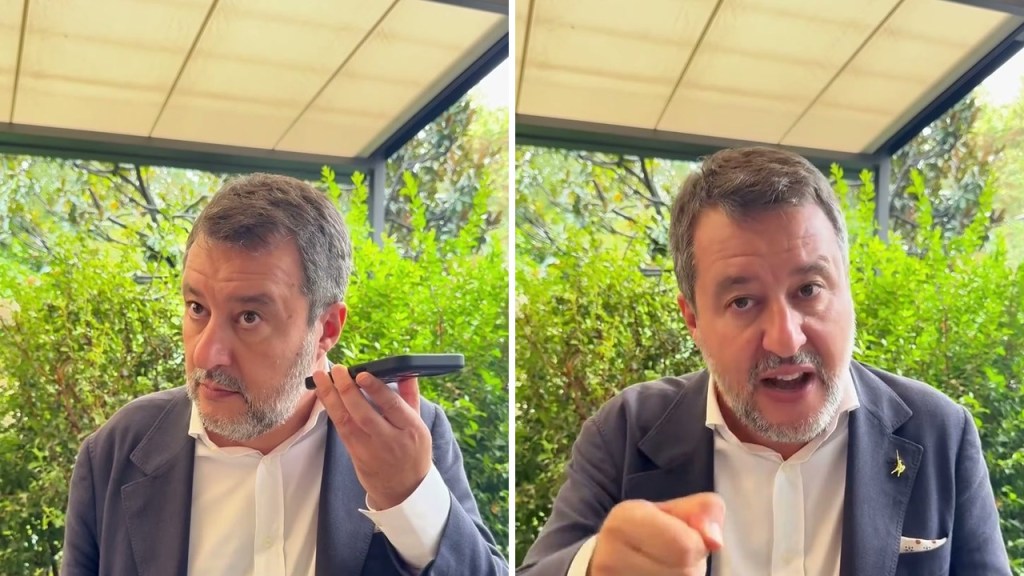 Due momenti del video affiancati: un uomo in giacca blu tiene il telefono vicino al volto e poi guarda in camera, con un giardino sullo sfondo