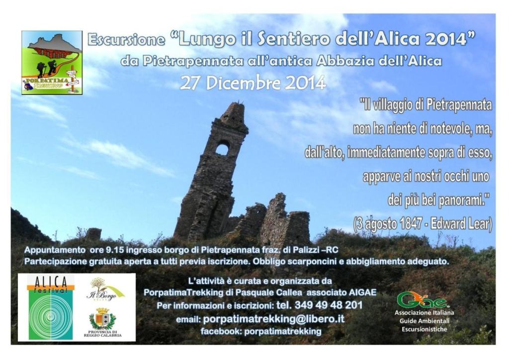 IV Festival “Lungo il sentiero dell’Alìca”. Sabato 27 da Pietrapennata all’antica Abbazia dell’Alica con PorpatimaTrekking